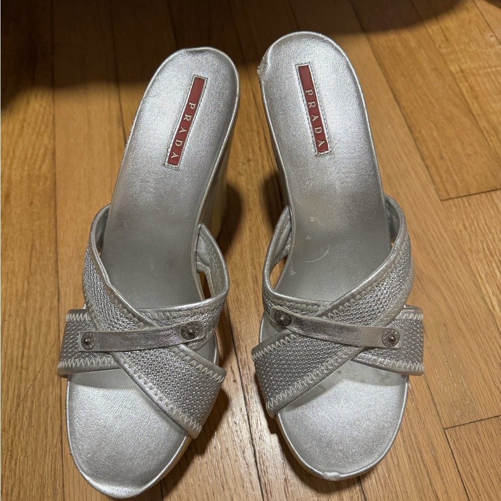 Prada Silver Heeled Sandals